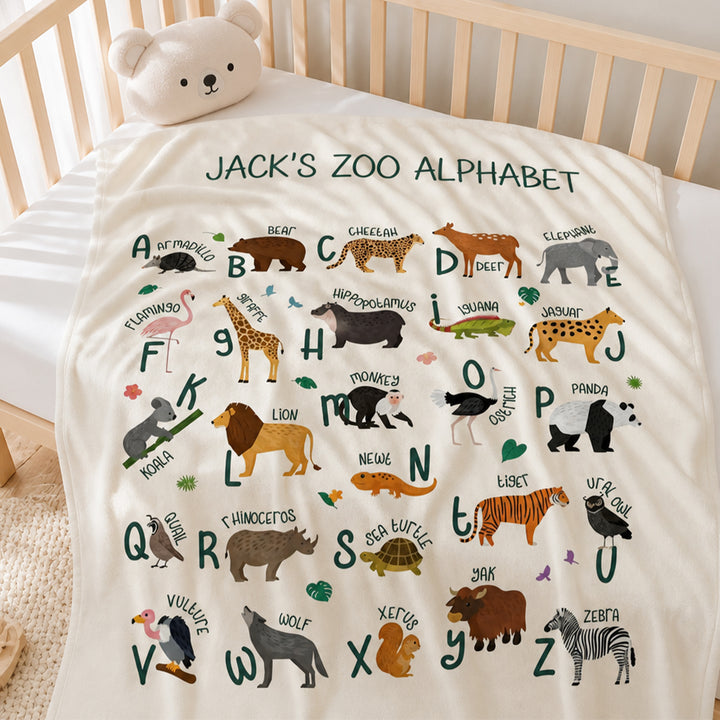 Personalized Zoo Animal Alphabet Flannel Blanket with Name Baby Shower Gift Nursery Decor