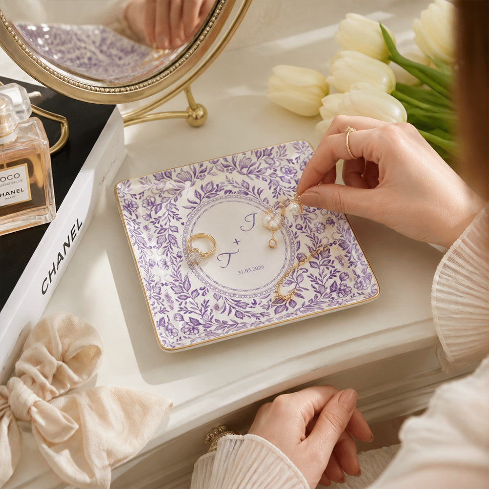 Personalized Wedding Jewelry Dish Custom Floral Ceramic Trinket Tray Wedding Gift Ring Holder