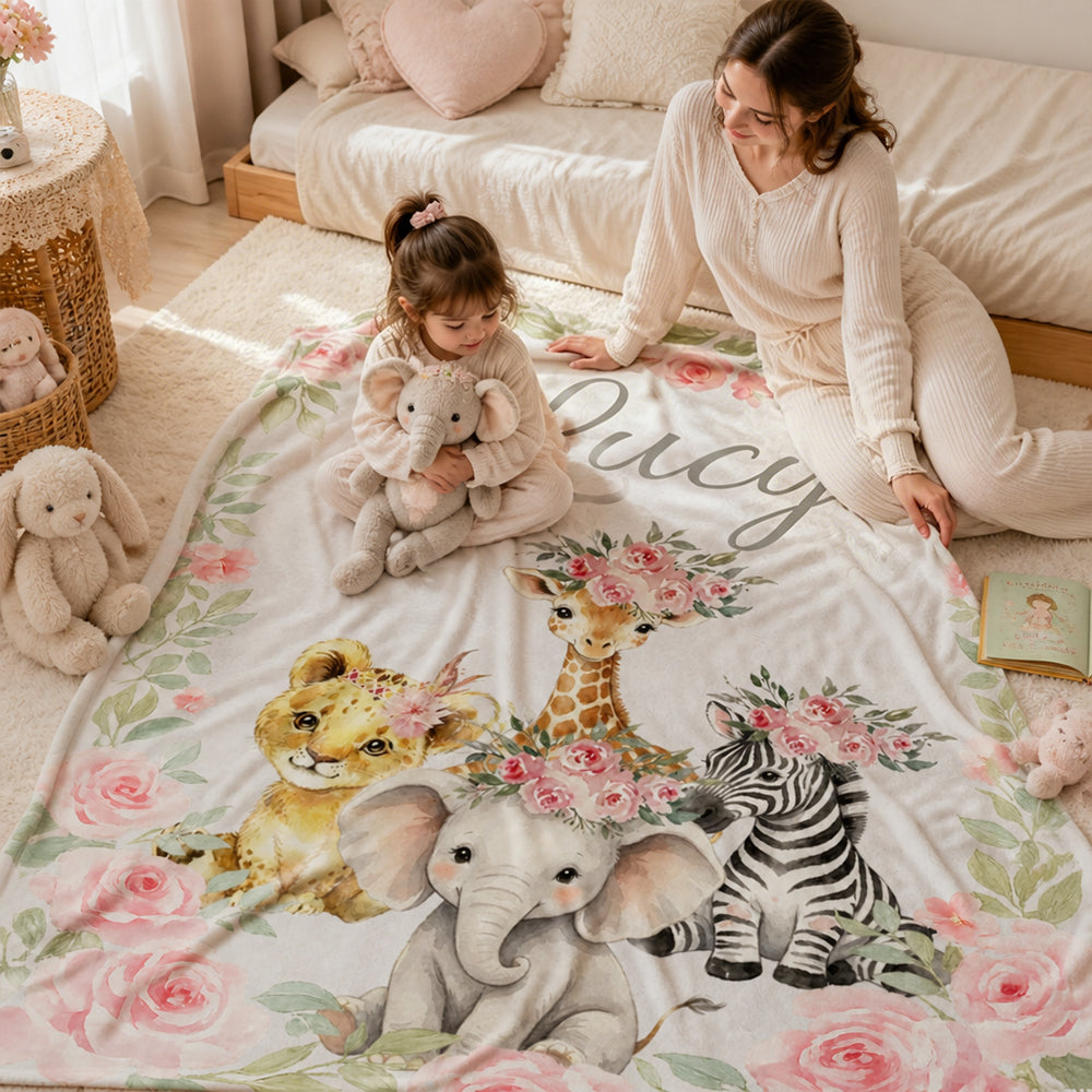 Personalized Pink Floral Safari Animal Baby Flannel Blanket with Name Baby Shower Gift