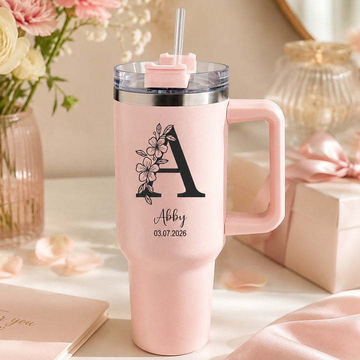 Personalized Floral Initial 40oz Stainless Steel Insulated Tumbler with Custom Name &amp; Date Birthday Gift for Her Him