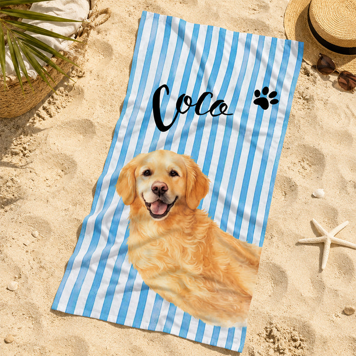 Personalized Striped Pet Beach Towel with Photo and Name Customization Soft Microfiber Optional Pet Portrait Birthday Vacation Gift for Dog Cat Lovers