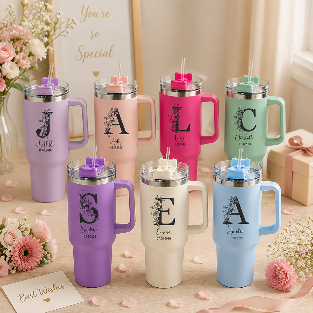 Personalized Floral Initial 40oz Stainless Steel Insulated Tumbler with Custom Name &amp; Date Birthday Gift for Her Him