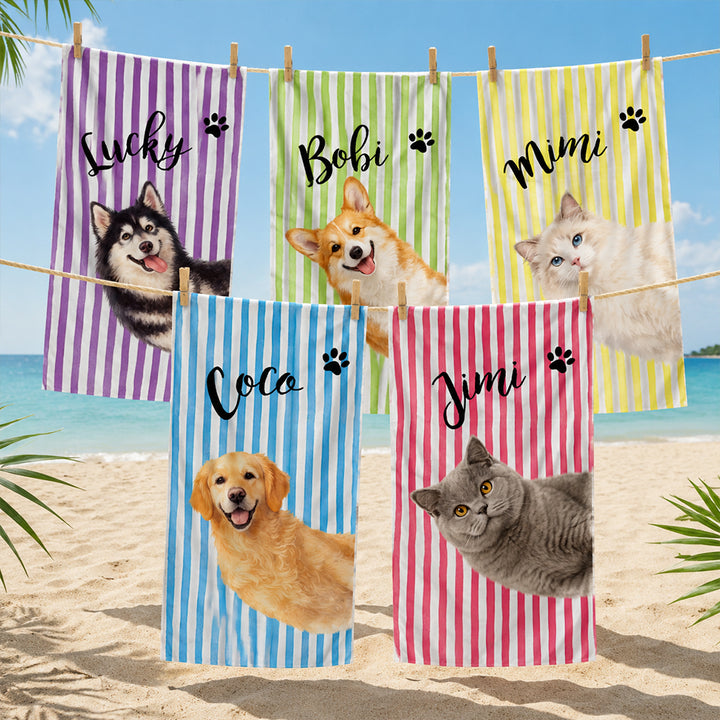Personalized Striped Pet Beach Towel with Photo and Name Customization Soft Microfiber Optional Pet Portrait Birthday Vacation Gift for Dog Cat Lovers