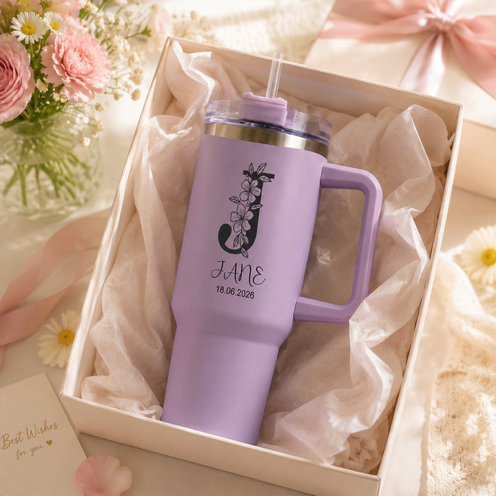 Personalized Floral Initial 40oz Stainless Steel Insulated Tumbler with Custom Name &amp; Date Birthday Gift for Her Him