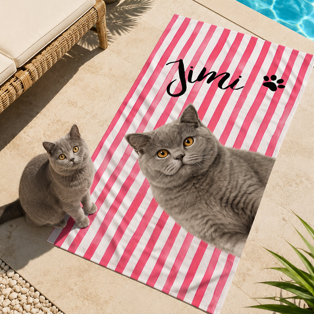 Personalized Striped Pet Beach Towel with Photo and Name Customization Soft Microfiber Optional Pet Portrait Birthday Vacation Gift for Dog Cat Lovers