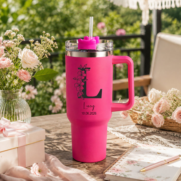 Personalized Floral Initial 40oz Stainless Steel Insulated Tumbler with Custom Name &amp; Date Birthday Gift for Her Him