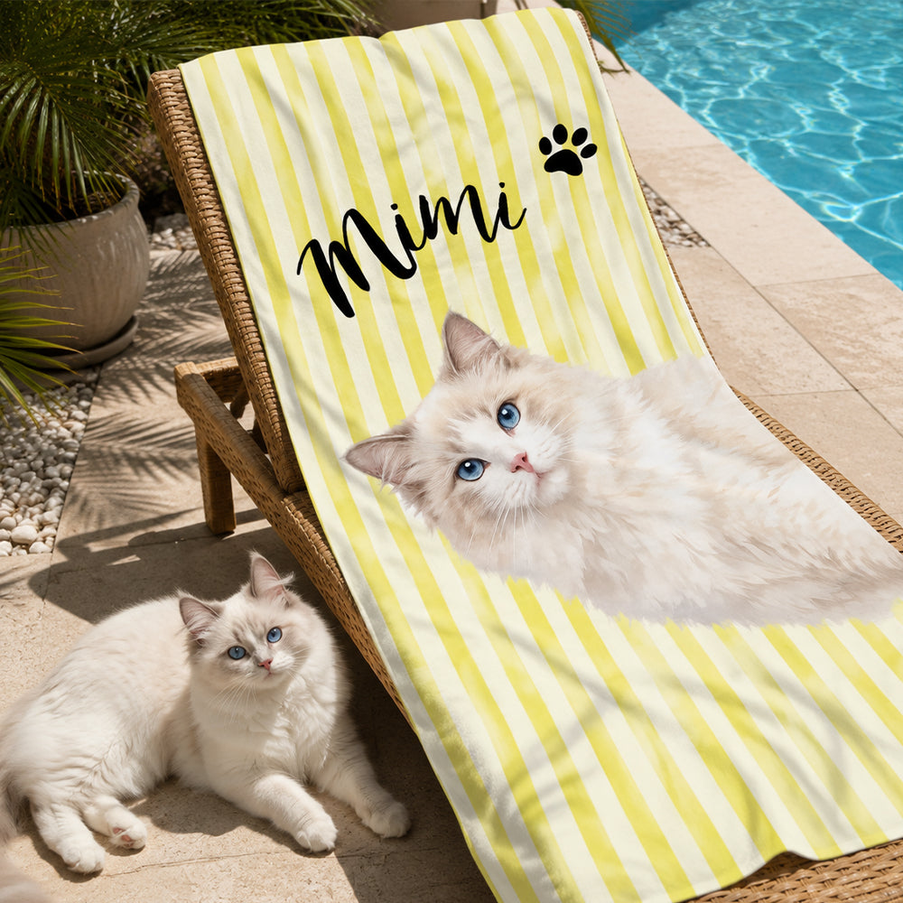 Personalized Striped Pet Beach Towel with Photo and Name Customization Soft Microfiber Optional Pet Portrait Birthday Vacation Gift for Dog Cat Lovers