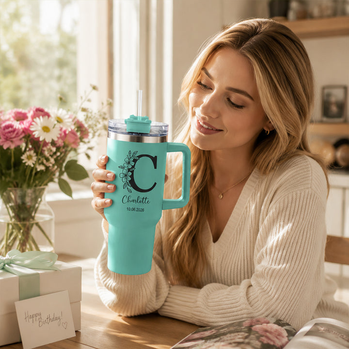 Personalized Floral Initial 40oz Stainless Steel Insulated Tumbler with Custom Name &amp; Date Birthday Gift for Her Him