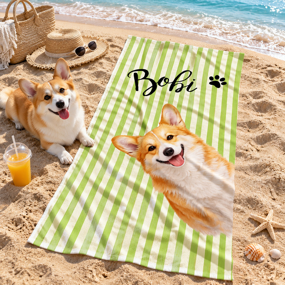 Personalized Striped Pet Beach Towel with Photo and Name Customization Soft Microfiber Optional Pet Portrait Birthday Vacation Gift for Dog Cat Lovers