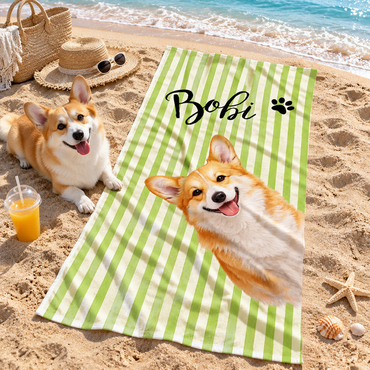 Personalized Striped Pet Beach Towel with Photo and Name Customization Soft Microfiber Optional Pet Portrait Birthday Vacation Gift for Dog Cat Lovers