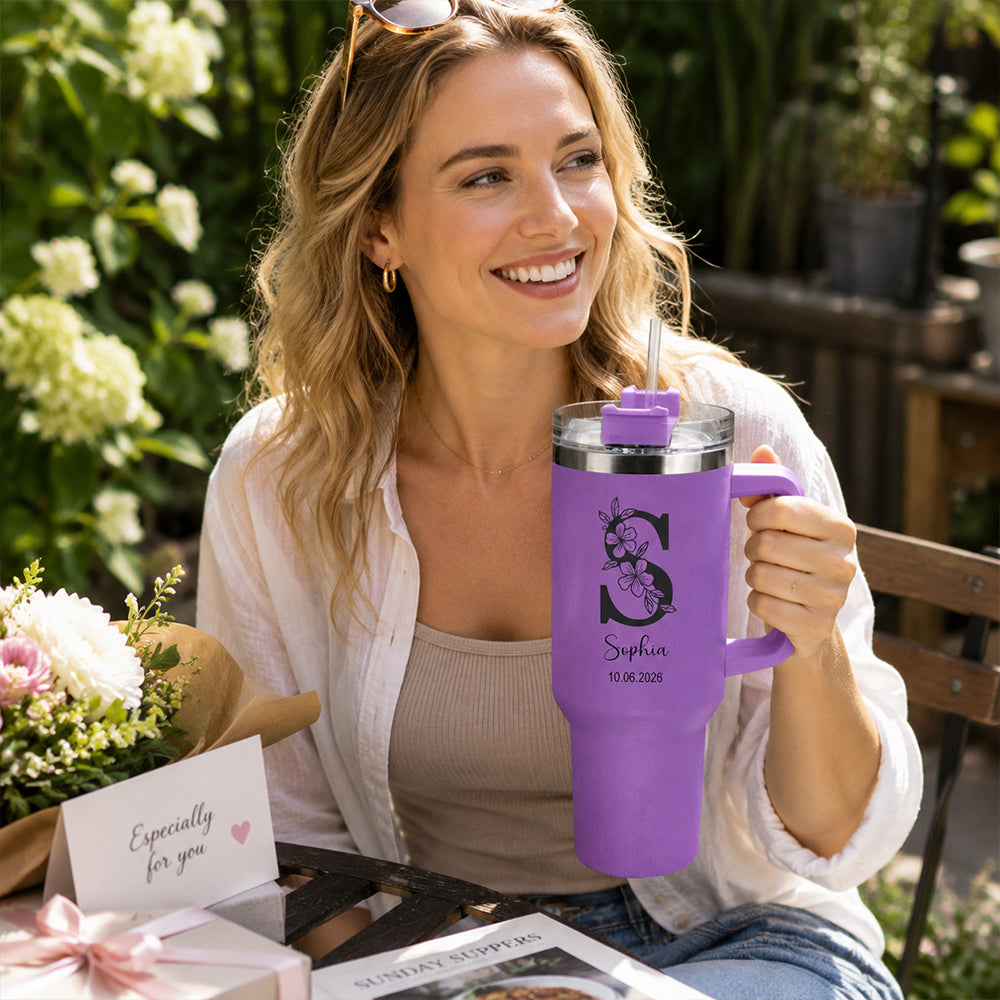 Personalized Floral Initial 40oz Stainless Steel Insulated Tumbler with Custom Name &amp; Date Birthday Gift for Her Him