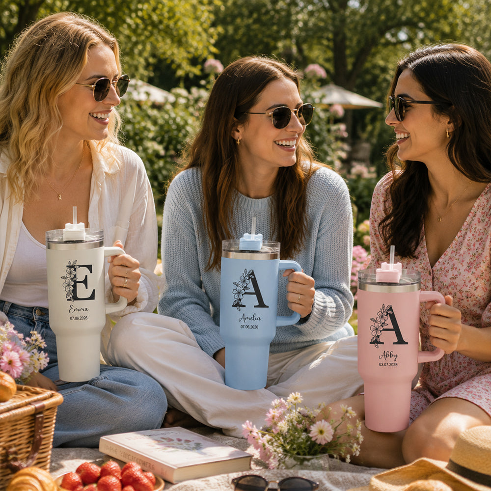 Personalized Floral Initial 40oz Stainless Steel Insulated Tumbler with Custom Name &amp; Date Birthday Gift for Her Him