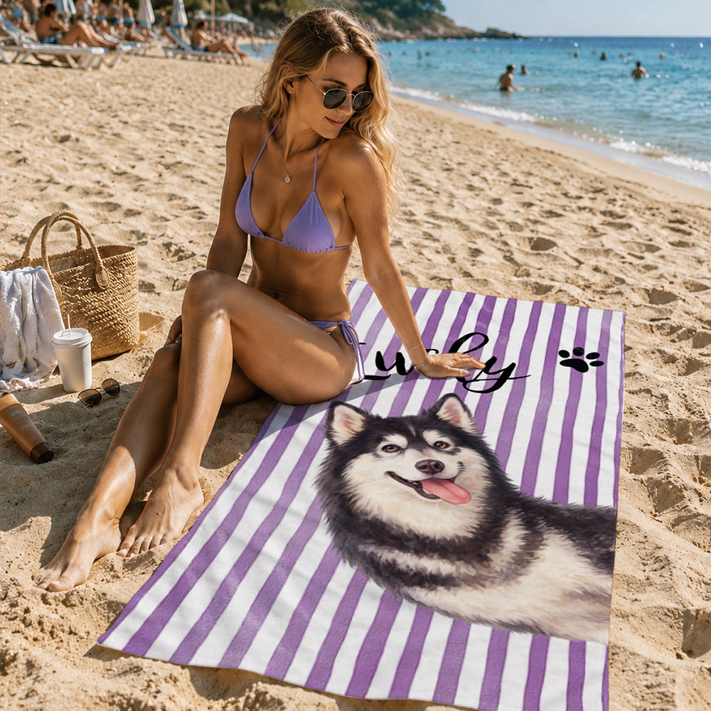 Personalized Striped Pet Beach Towel with Photo and Name Customization Soft Microfiber Optional Pet Portrait Birthday Vacation Gift for Dog Cat Lovers