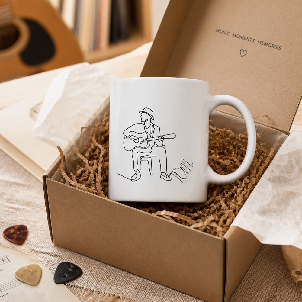 Personalized Line Art Guitar Player 11oz Ceramic Mug with Custom Name Birthday Gift for Guitar Lovers Musician