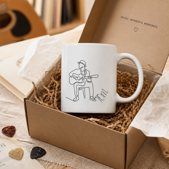 Personalized Line Art Guitar Player 11oz Ceramic Mug with Custom Name Birthday Gift for Guitar Lovers Musician
