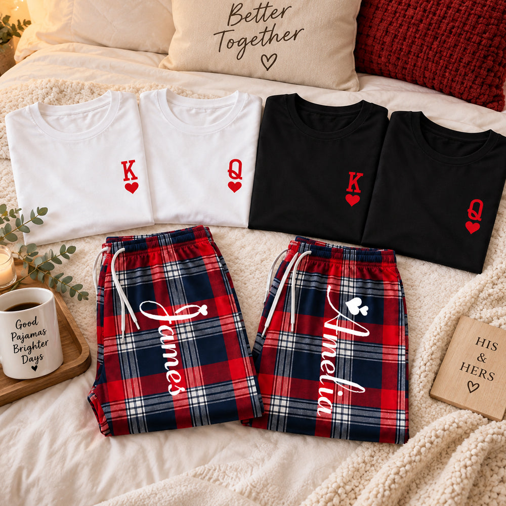 Personalized King and Queen Matching Pajamas Custom Romantic Plaid Couple Lounge Wear Set Anniversary Gift Newlyweds