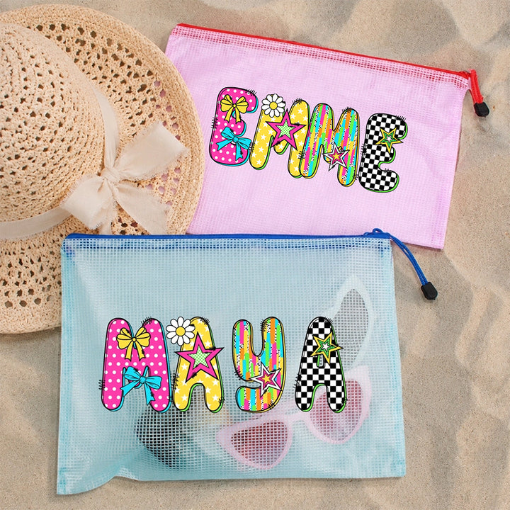 Personalized Artistic Text Mesh Beach Organizer Bag Waterproof Sand Resistant Zipper Pouch for Daily Travel Pool Party Vacation Ladies Gift