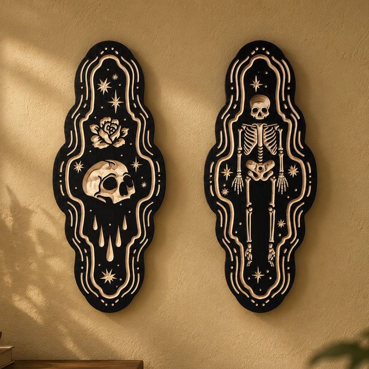 Halloween Danger Skull and Evil Eye Wooden Wall Hanging Miniature Woodcut Spooky Home Decor