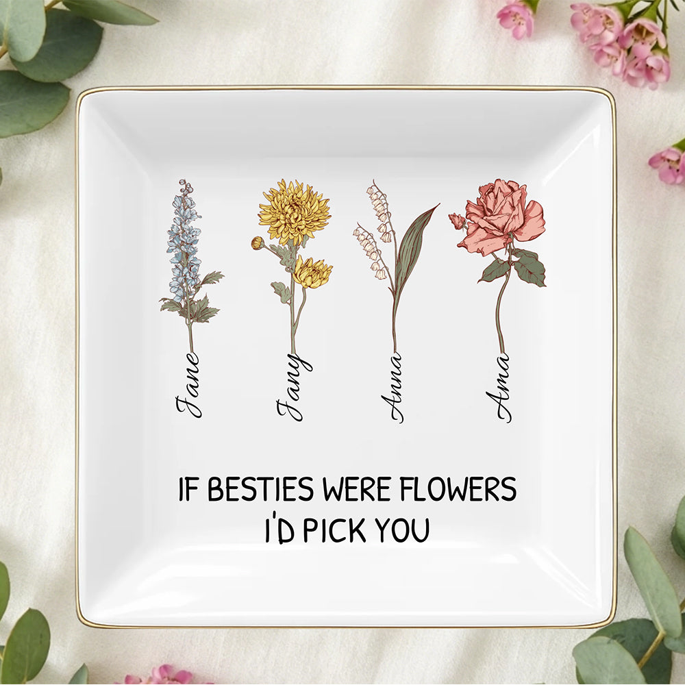 Personalized Birthday Flower Jewelry Dish Floral Ceramic Trinket Tray - If Besties were Flowers, I&