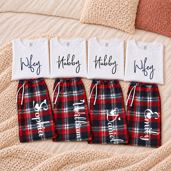 Personalized Wifey Hubby Couples Christmas Pajama Set Custom Matching Holiday Sleepwear with Names Cozy Christmas Gift for Couples