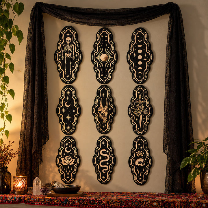 Halloween Danger Skull and Evil Eye Wooden Wall Hanging Miniature Woodcut Spooky Home Decor