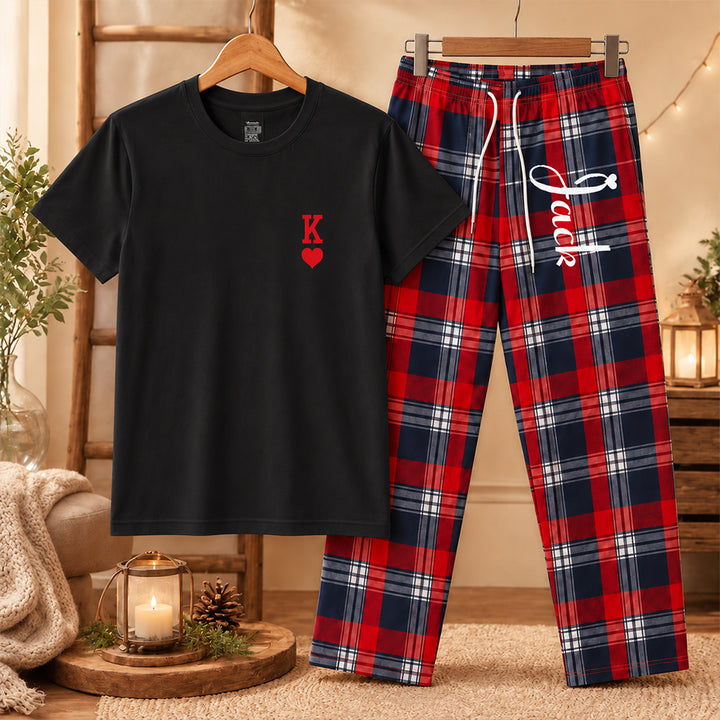 Personalized King and Queen Matching Pajamas Custom Romantic Plaid Couple Lounge Wear Set Anniversary Gift Newlyweds