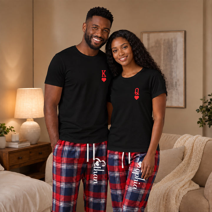 Personalized King and Queen Matching Pajamas Custom Romantic Plaid Couple Lounge Wear Set Anniversary Gift Newlyweds