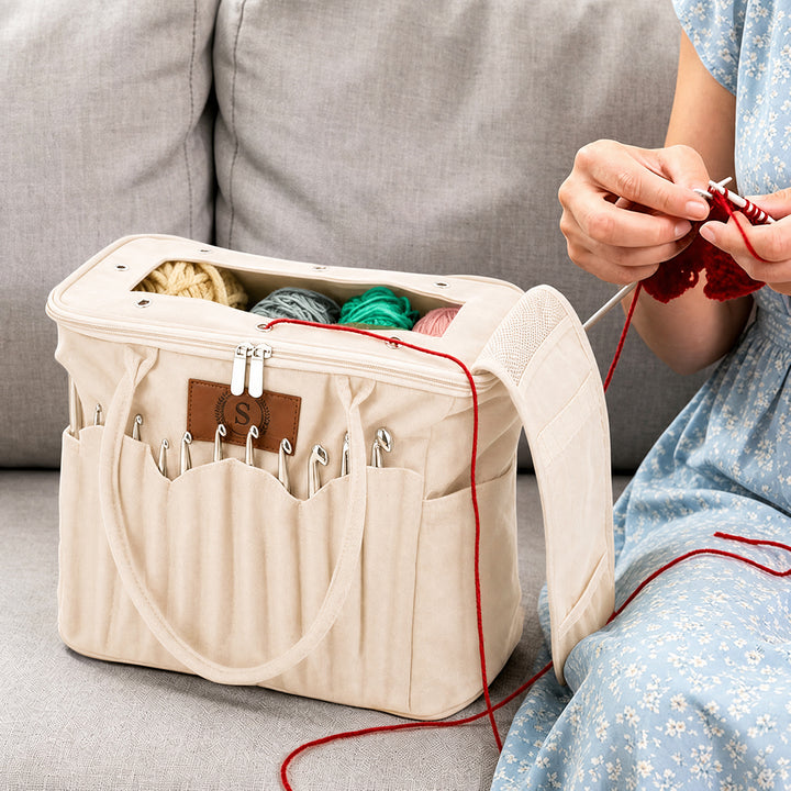 Personalized Canvas Knitting Project Bag Custom Initial Yarn Organizer Tote with Needle Holder Large Crochet Storage Bag Gift for Craft Lovers
