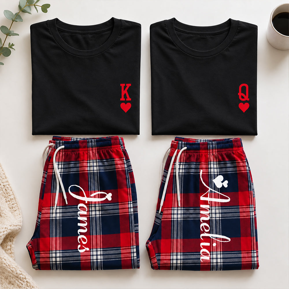 Personalized King and Queen Matching Pajamas with Custom Romantic Plaid Couple Lounge Wear Set Anniversary Gift for Newlyweds