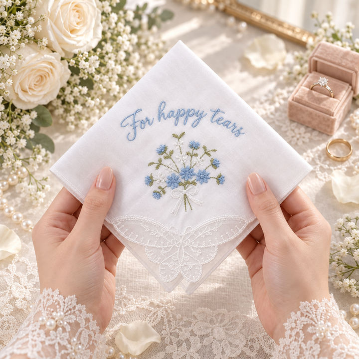 Personalized Embroidered Floral Handkerchief For Happy Tears Handkerchief Wedding Hanky Bride Something Blue Gift