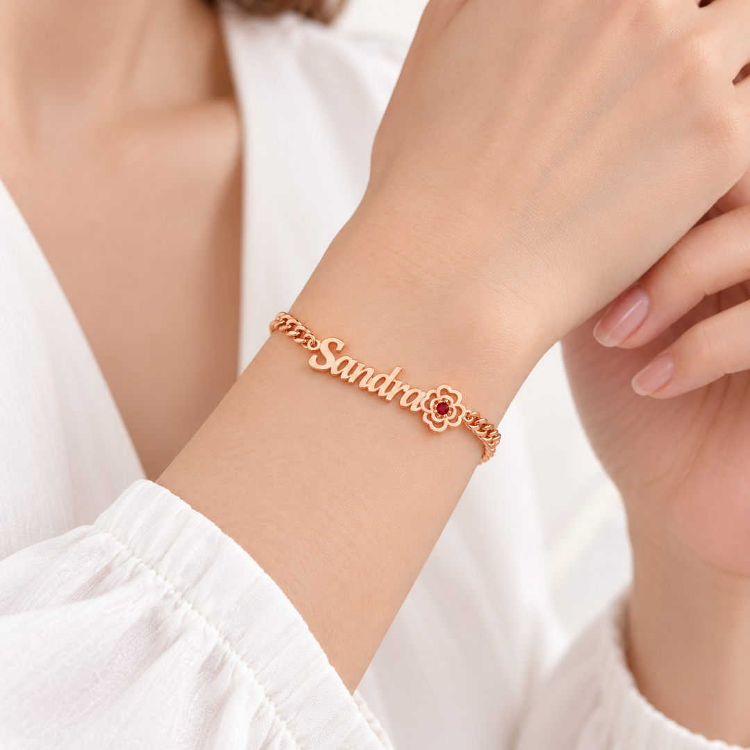 Personalized Flower Name Bracelet with Birthstone Birthday Mother&