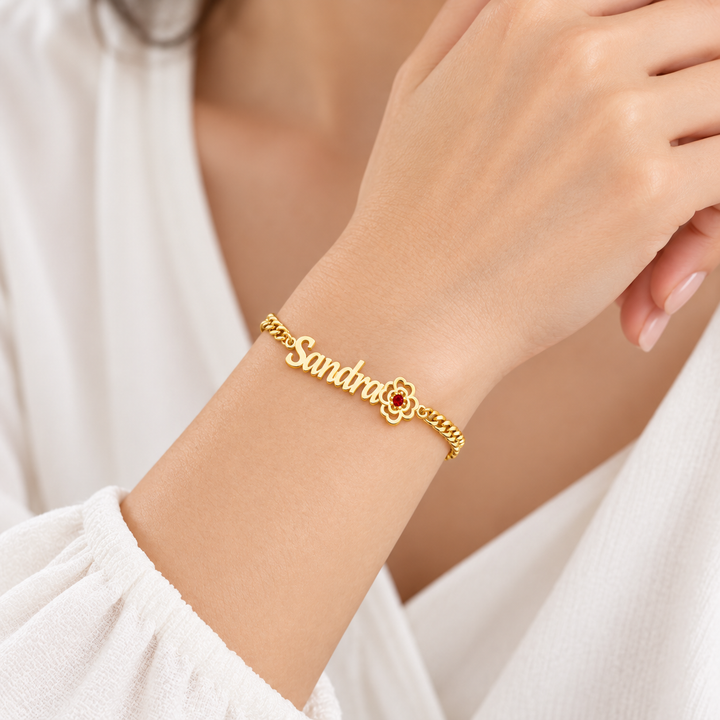 Personalized Flower Name Bracelet with Birthstone Birthday Mother&