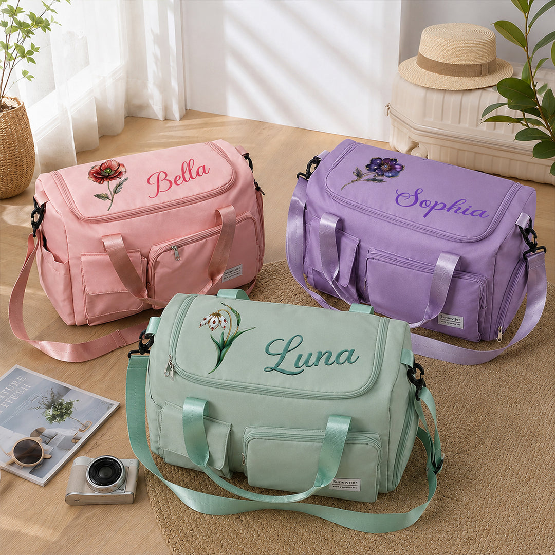 Carry Your Story - Personalized Birth Flower Lightweight Travel Duffel Bag Thoughtful Gift for Mom Grandma Daughter Wife