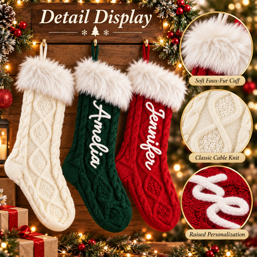 Personalized Fur Cuff Christmas Stocking Knitted Stocking with Chain Stitch Embroidered Name