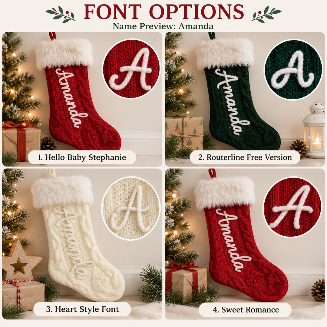Personalized Fur Cuff Christmas Stocking Knitted Stocking with Chain Stitch Embroidered Name