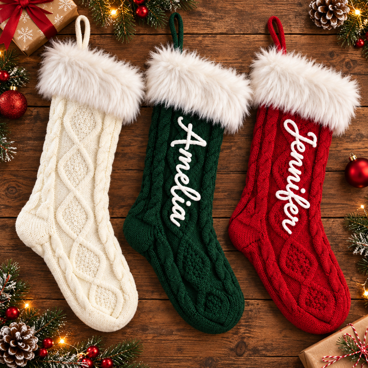 Personalized Fur Cuff Christmas Stocking Knitted Stocking with Chain Stitch Embroidered Name