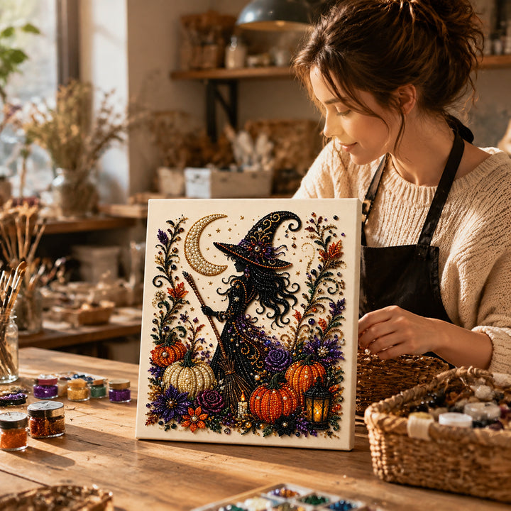Framed Halloween Witch - DIY Pearls Painting Kit for Creativity DIY Pearl Dot Crafts for Gift Home Wall Decor