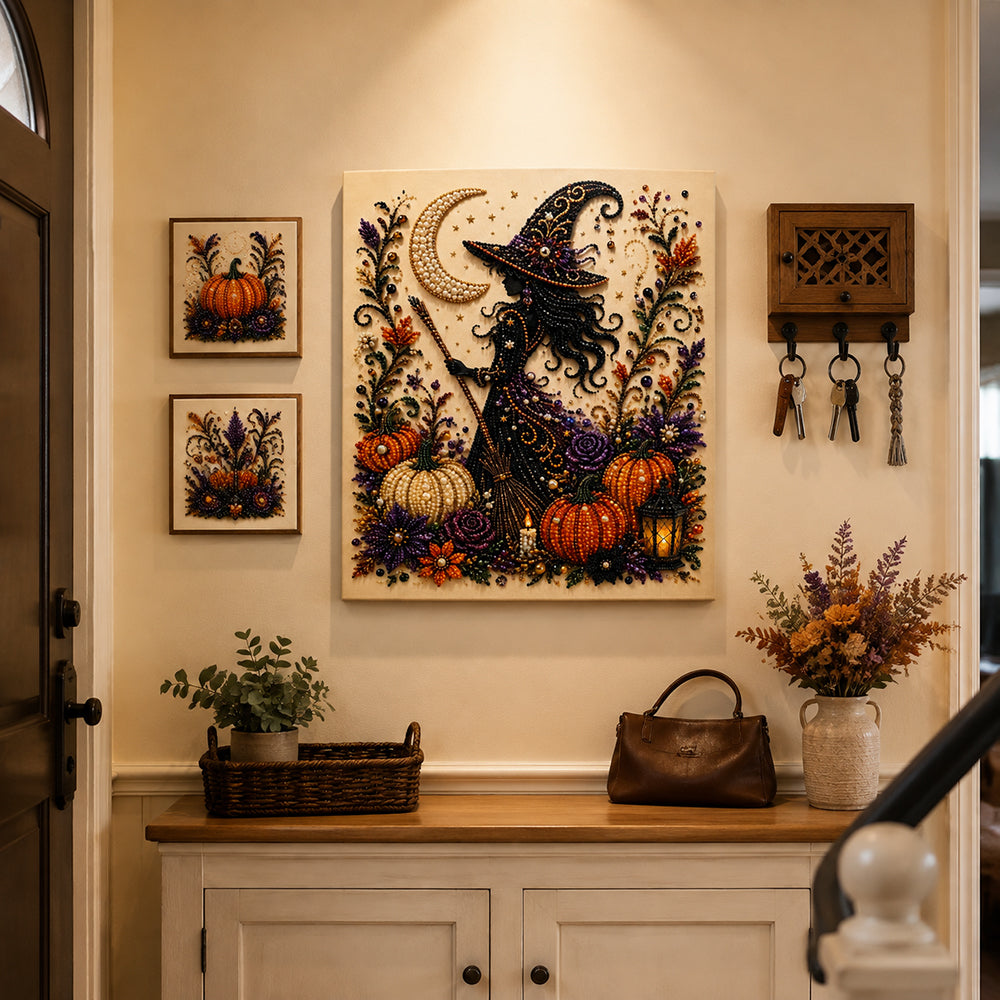 Framed Halloween Witch - DIY Pearls Painting Kit for Creativity DIY Pearl Dot Crafts for Gift Home Wall Decor