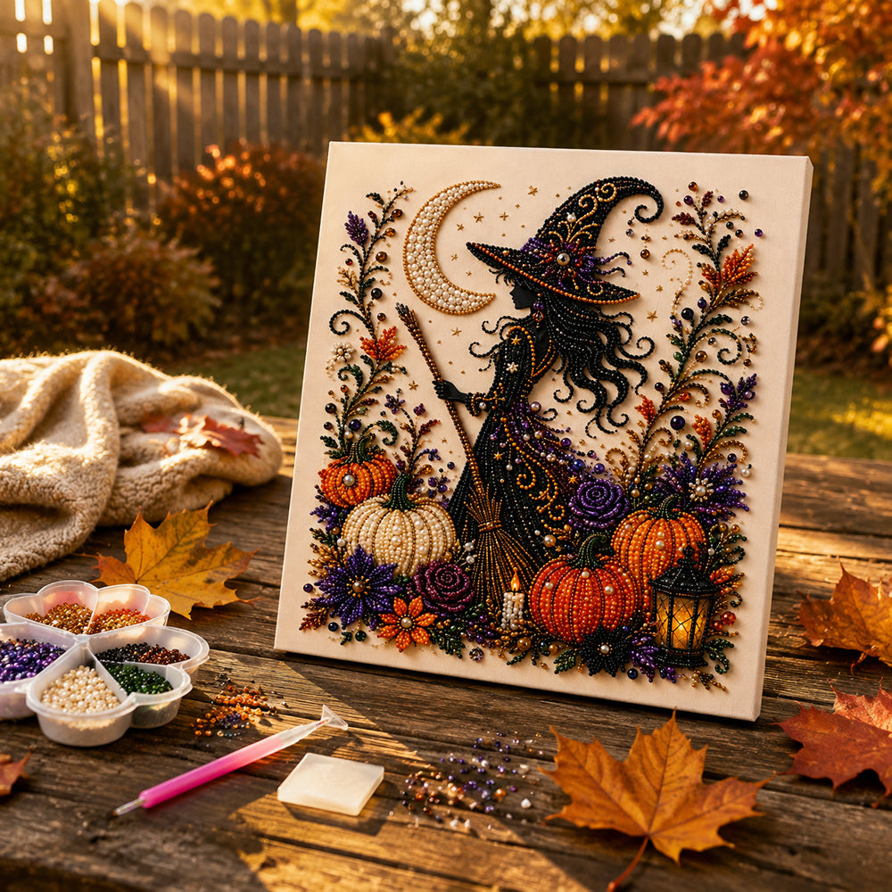 Framed Halloween Witch - DIY Pearls Painting Kit for Creativity DIY Pearl Dot Crafts for Gift Home Wall Decor