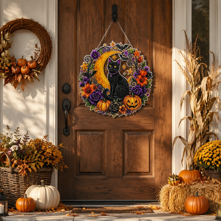 Halloween Black Cat Diamond Painting Kit Acrylic Crescent Moon Pumpkin Decoration Hanging Ornament