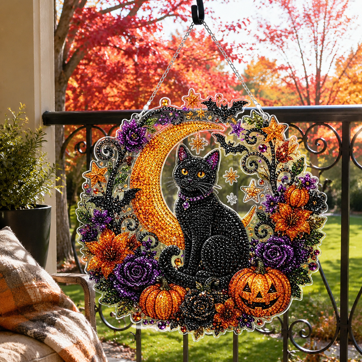 Halloween Black Cat Diamond Painting Kit Acrylic Crescent Moon Pumpkin Decoration Hanging Ornament