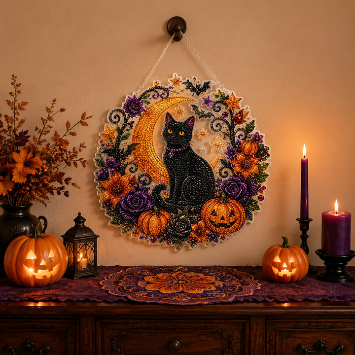 Halloween Black Cat Diamond Painting Kit Acrylic Crescent Moon Pumpkin Decoration Hanging Ornament