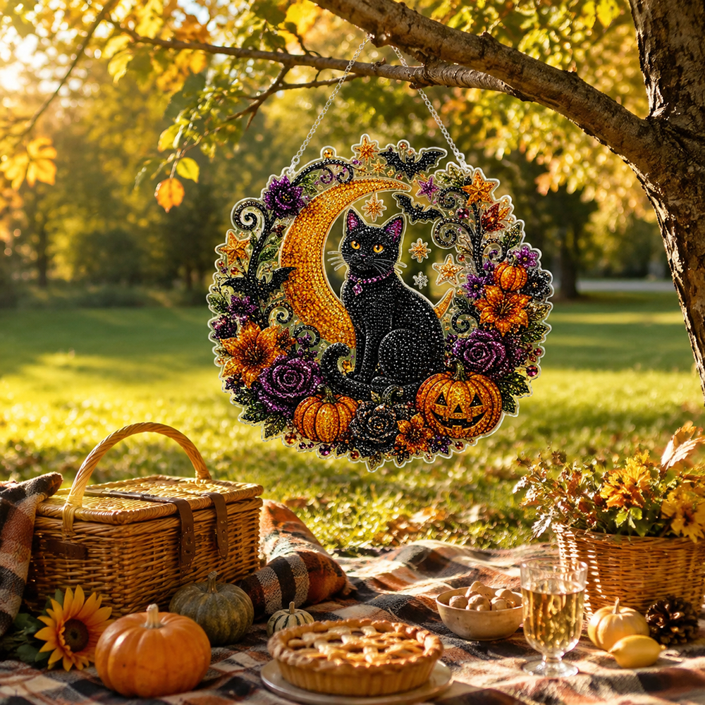 Halloween Black Cat Diamond Painting Kit Acrylic Crescent Moon Pumpkin Decoration Hanging Ornament