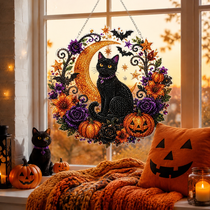 Halloween Black Cat Diamond Painting Kit Acrylic Crescent Moon Pumpkin Decoration Hanging Ornament
