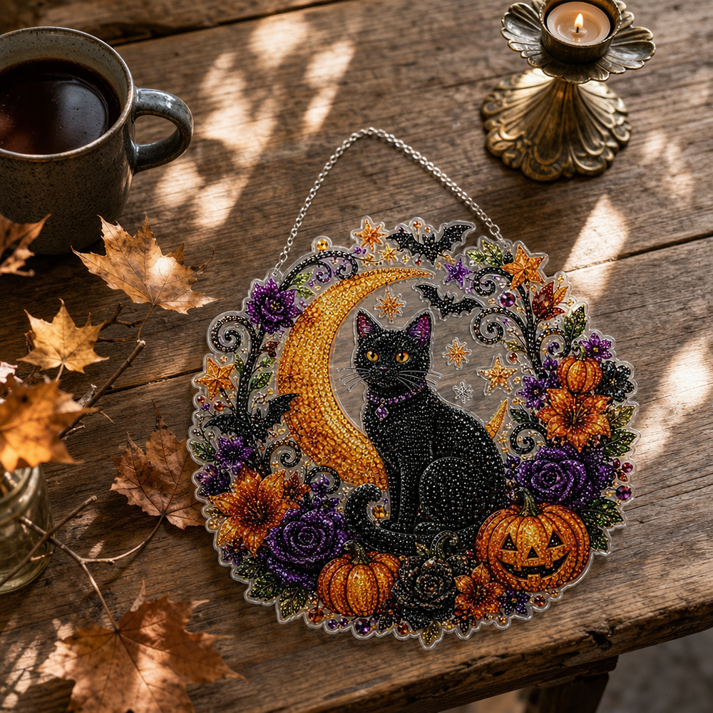 Halloween Black Cat Diamond Painting Kit Acrylic Crescent Moon Pumpkin Decoration Hanging Ornament