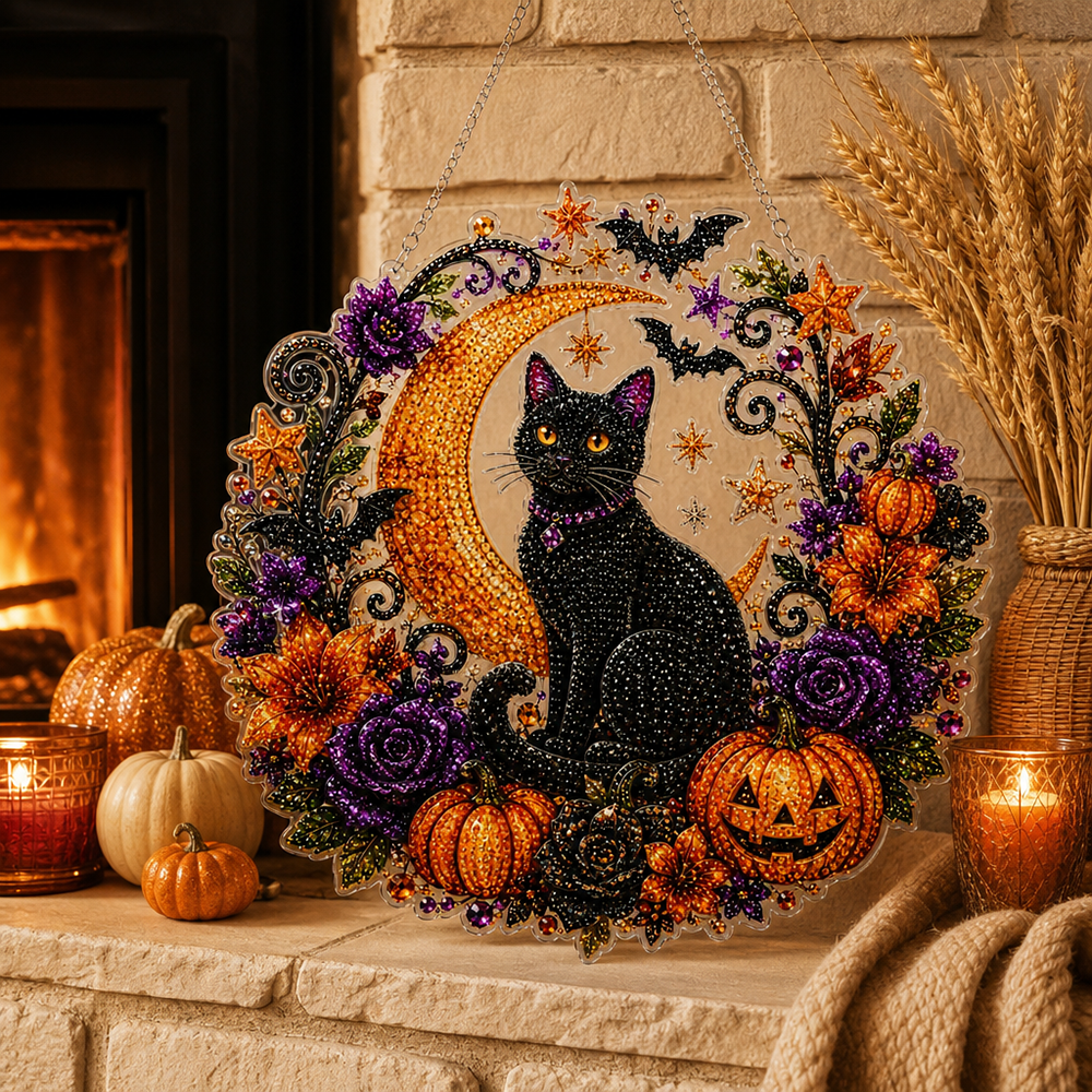 Halloween Black Cat Diamond Painting Kit Acrylic Crescent Moon Pumpkin Decoration Hanging Ornament