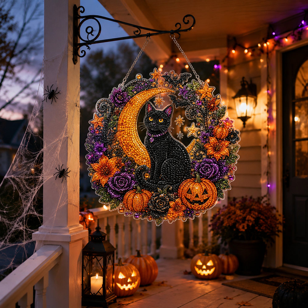 Halloween Black Cat Diamond Painting Kit Acrylic Crescent Moon Pumpkin Decoration Hanging Ornament