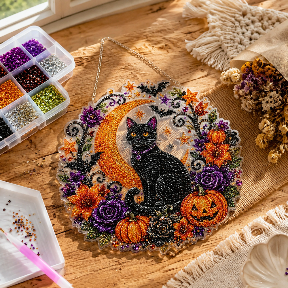 Halloween Black Cat Diamond Painting Kit Acrylic Crescent Moon Pumpkin Decoration Hanging Ornament