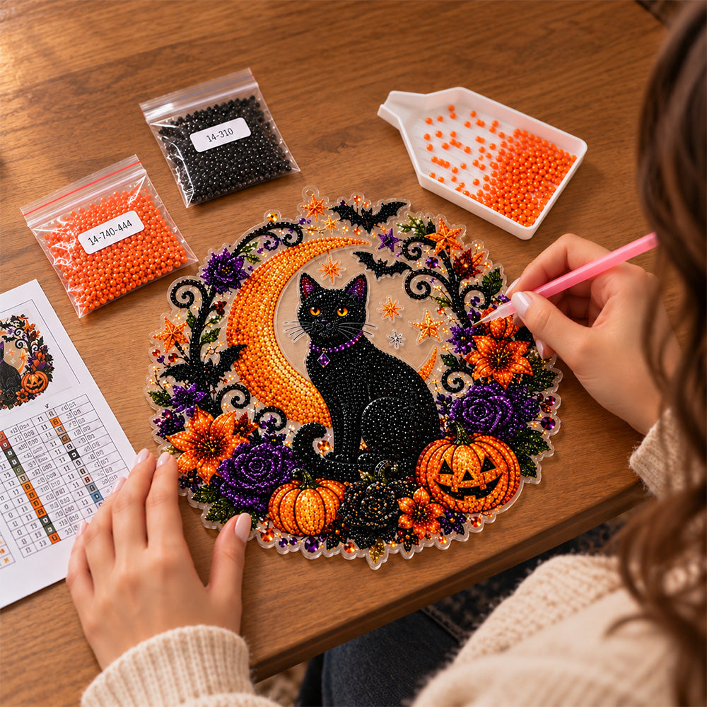 Halloween Black Cat Diamond Painting Kit Acrylic Crescent Moon Pumpkin Decoration Hanging Ornament