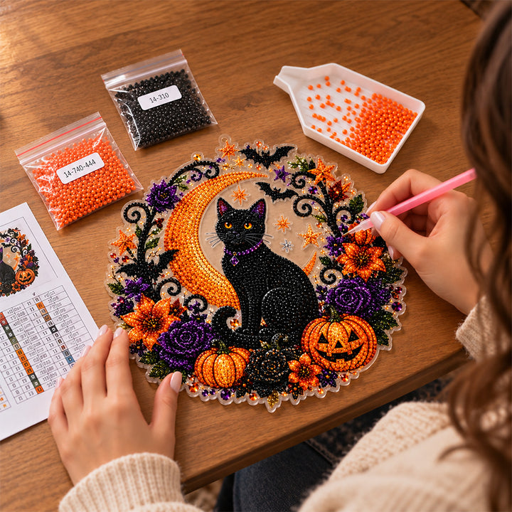 Halloween Black Cat Diamond Painting Kit Acrylic Crescent Moon Pumpkin Decoration Hanging Ornament